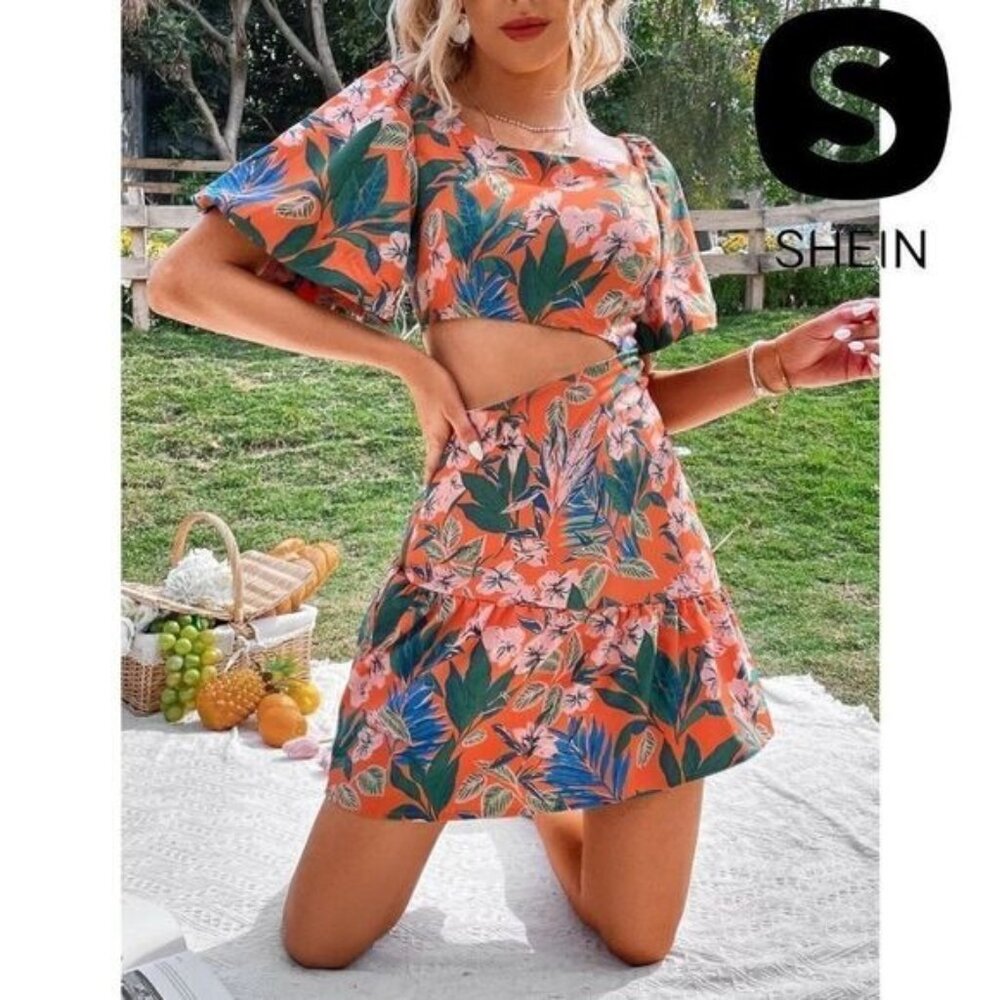 Shein Floral Print Lantern Sleeve‎ Cut Out Asymmetrical Neck Ruffle Hem